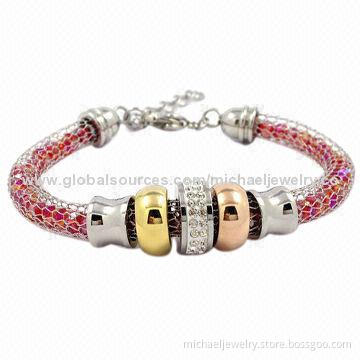 Mesh stainless steel bracelets with red crystals inside, gold and IP rose gold plating